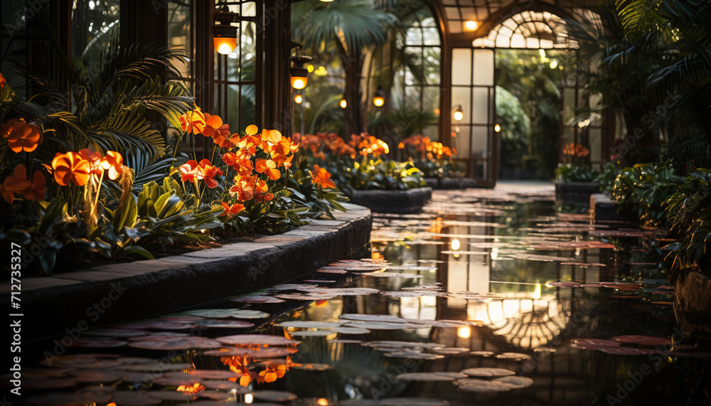 Night lanterns illuminate a tropical garden, creating a tranquil ambiance generated by AI