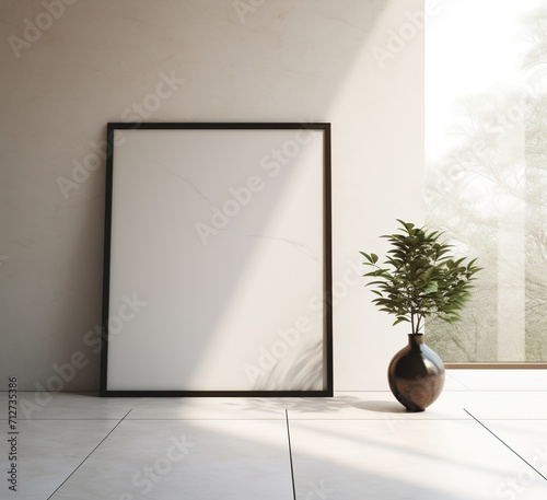 Minimalist interior with blank frame and plant