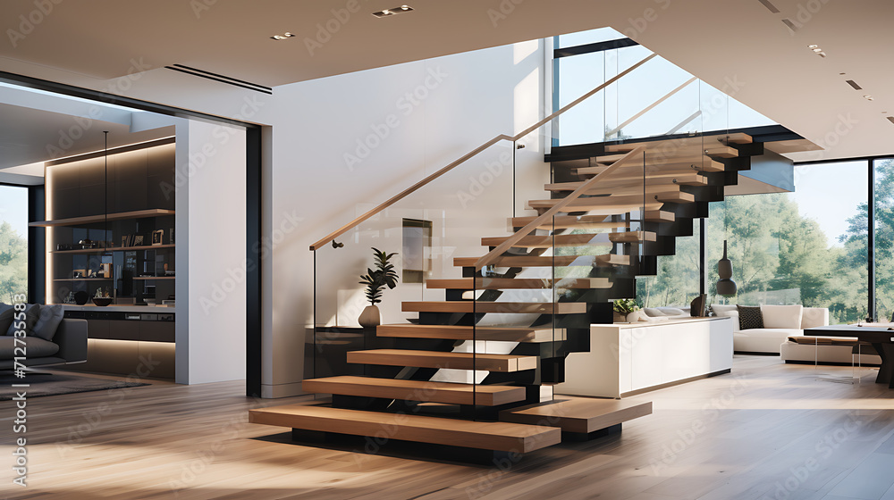 A sleek and modern staircase with open risers and a glass railing ...
