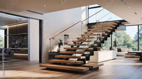  A sleek and modern staircase with open risers and a glass railing, allowing unobstructed views of the contemporary design. The stairs feature a combination of wood and metal, creating a stylish focal photo