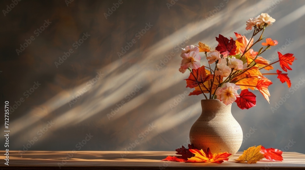 vase with an arrangement of flowers and autumn generative ai - obrazy, fototapety, plakaty 