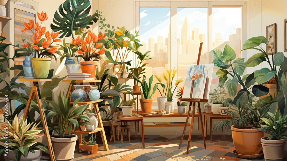 Indoor garden with a view of the city