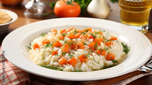 Delicious spring risotto with carrots and leeks served in white plate close up
