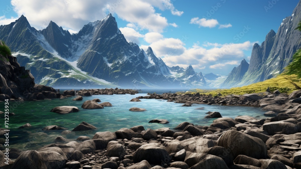 A rugged coastline with steep cliffs and jagged rocks, where the sea meets the untamed beauty of the mountains in a dramatic and awe-inspiring vista  -Generative Ai