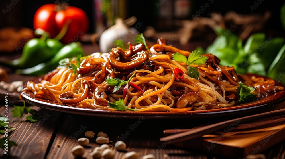 Vegetarian udon noodles with baby bok choy and shiitake mushrooms, a
