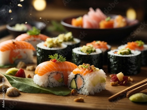  Sushi set with salmon, avocado, cream cheese, ginger and wasabi on wooden table