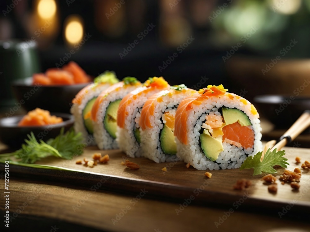 Sushi set with salmon, avocado, cream cheese, on wooden table Sushi set with salmon, avocado, cream cheese, on wooden table