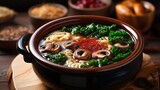 Delicious udon noodles with baby bok choy and shiitake mushrooms in asian vegetarian cuisine