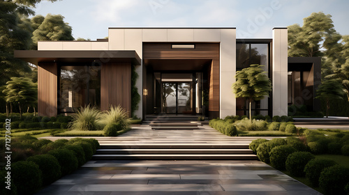  A stylish entrance to a modern house with a well-manicured garden, clean lines, and a unique architectural design. The outdoor space sets the tone for the modern aesthetic carried throughout the enti © Love Mohammad