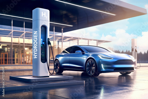 Blue sedan utilizing a eco friendly hydrogen fuel station during dusk. Emission free, zero, emission sustainable transport