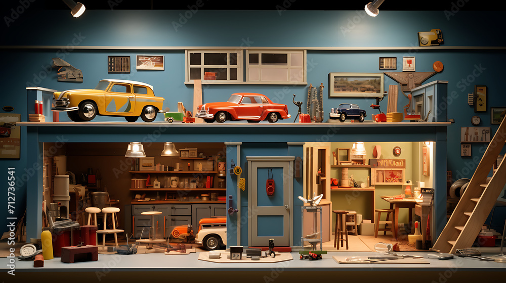  A toy house garage with miniature cars, tools, and a workbench. The scene captures the playful essence of a garage in the miniature world, encouraging imaginative play and creativity