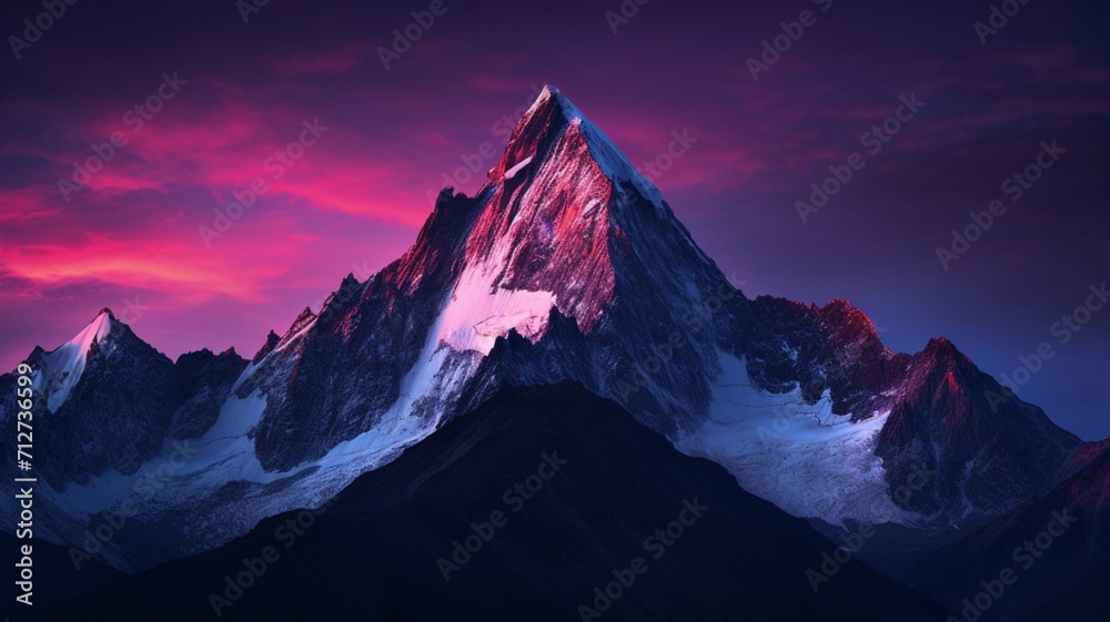 A rugged mountain peak illuminated by the last light of the day, with a clear sky and vivid colors adding to the dramatic scenery   -Generative Ai