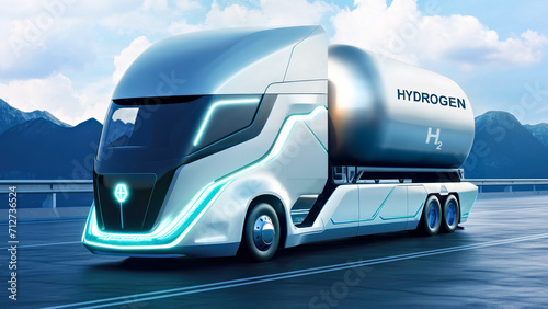 A eco-friendly futuristic semi truck powered by a hydrogen combustion engine transporting hydrogen on a mountainous highway. Emission free, zero emission, sustainable transport photo