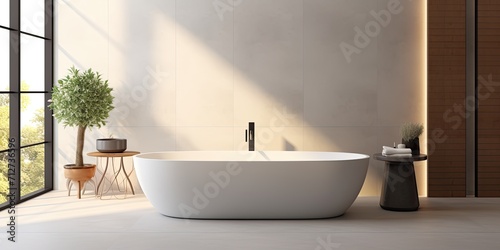 a contemporary bathroom featuring a large bathtub.