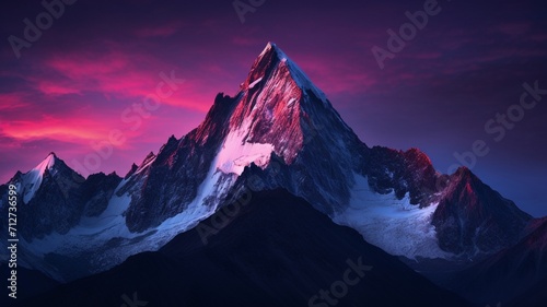 A rugged mountain peak illuminated by the last light of the day, with a clear sky and vivid colors adding to the dramatic scenery -Generative Ai