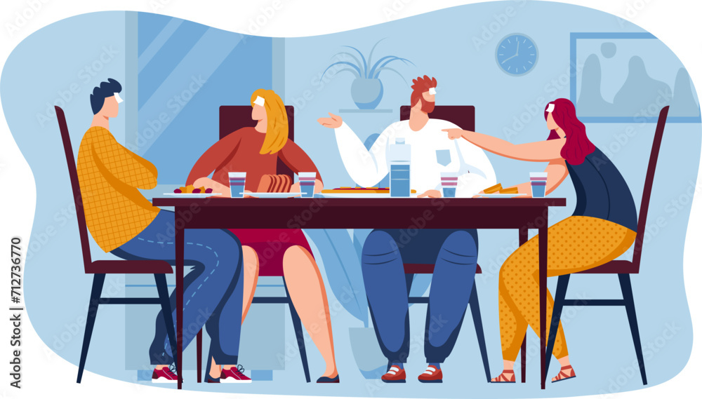 Four adult friends dining together at home. Casual dinner party, two men and two women at table enjoying meal and conversation. Friendship and social gathering vector illustration.