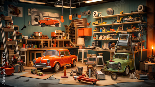  A toy house garage with miniature cars, tools, and a workbench. The scene captures the playful essence of a garage in the miniature world, encouraging imaginative play and creativity © Love Mohammad