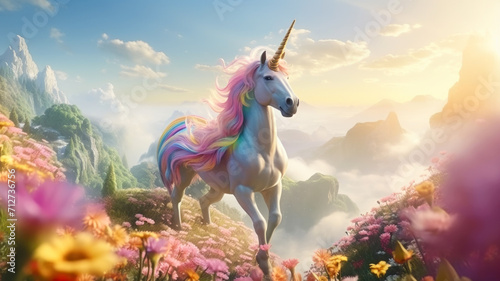 Pink unicorn in idyllic landscape, kid's dream photo