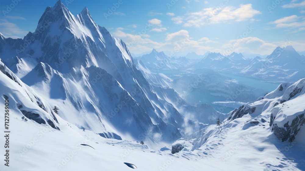 A rugged, wind-sculpted ridge overlooking a sprawling glacier, with snow-covered peaks stretching into the distant horizon  -Generative Ai