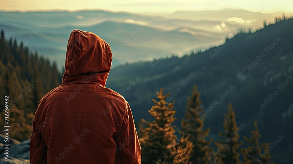 A man, dressed in a hooded sweatshirt, stands atop a mountain, observed from the rear, with a nighttime cityscape in the background A man, dressed in a hooded sweatshirt, stands atop a mountain, observed from the rear, with a nighttime cityscape in the background