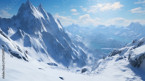 A rugged, wind-sculpted ridge overlooking a sprawling glacier, with snow-covered peaks stretching into the distant horizon -Generative Ai