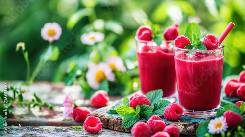 Raspberry smoothie served in blossoming garden, healthy refreshing summer drink