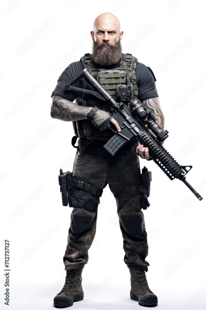 Bald bearded brutal mercenary or infantry soldier with sniper rifle isolated on white background Bald bearded brutal mercenary or infantry soldier with sniper rifle isolated on white background