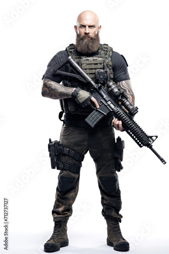 Bald bearded brutal mercenary or infantry soldier with sniper rifle isolated on white background © Kondor83