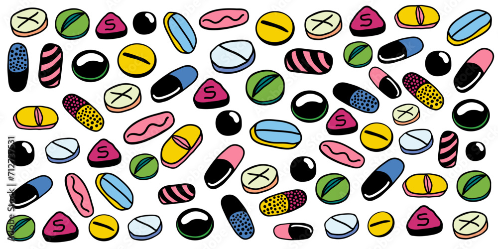 Fototapeta premium pile of tablet capsule pill in flat style vector. template for print, wallpaper, wrapping, background and banner. illustration on a medical theme