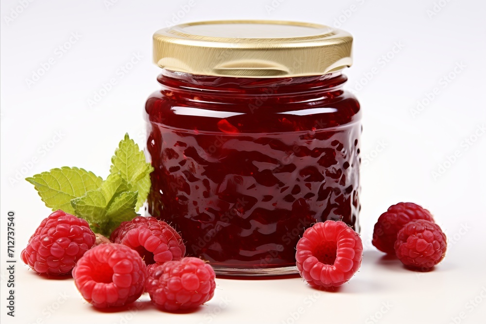 Delicious homemade raspberry jam isolated on white background with copy space for text placement Delicious homemade raspberry jam isolated on white background with copy space for text placement