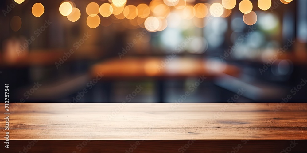 Use blurred restaurant background and empty wooden table as display or for product montage. Use blurred restaurant background and empty wooden table as display or for product montage.