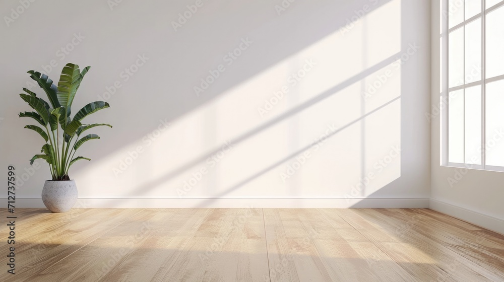 empty white room with a wooden floor and a potted plant generative ai empty white room with a wooden floor and a potted plant generative ai