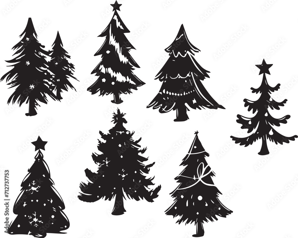 Obraz premium A set of Christmas trees. Hand drawn vector illustration
