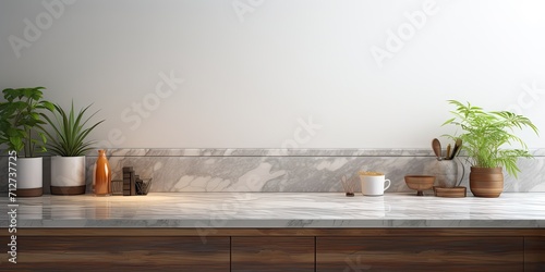 Marble desk placed against kitchen backdrop. © Sona