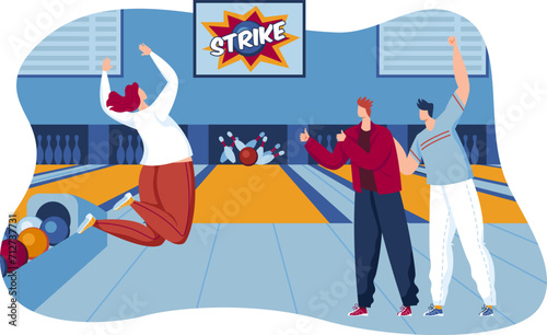 Three friends celebrate a strike at a bowling alley, two men cheering and one woman jumping with joy. Leisure activities, friendship, and fun at indoor bowling center vector illustration.
