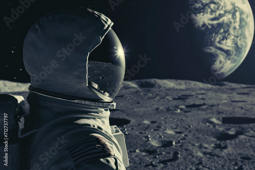 Side profile of Astronaut on the moon with the earth in the distance photo