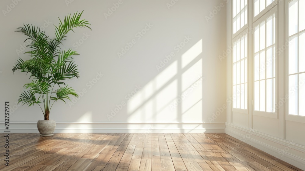 Fototapeta premium empty white room with a wooden floor and a potted plant generative ai