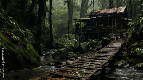 A rustic cabin nestled in the heart of the jungle  with a small wooden bridge leading to its welcoming entrance  -Generative Ai