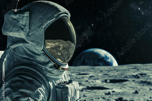 Side profile of Astronaut on the moon with the earth in the distance photo