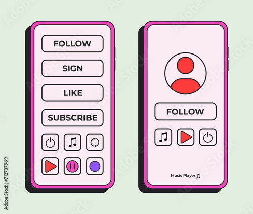 App interface template. Multimedia web design pages ui display layouts. Audio playing software interface. Old nostalgia program with tune track. Vector illustration