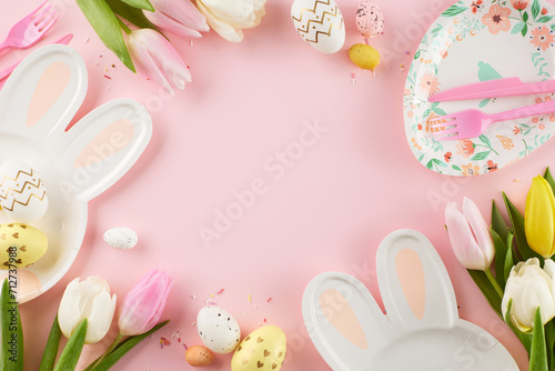 Easter festivities for the young ones. Top view shot of bunny shaped plates, eggs, cutlery, tulips, sprinkles on pastel pink background with empty space for festive message