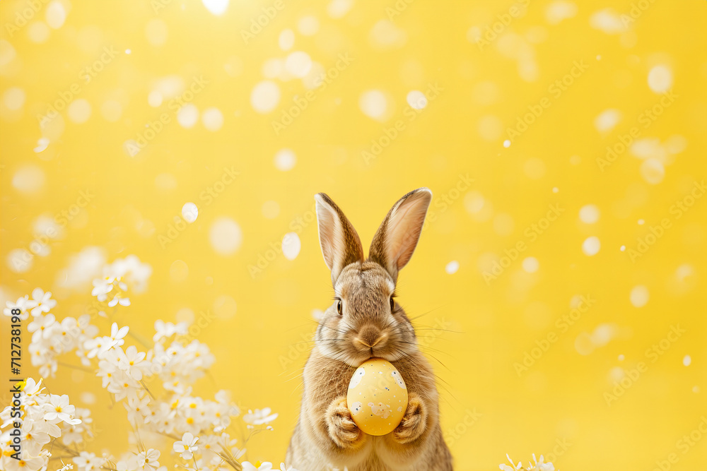 Fototapeta premium cute brown bunny holds out a yellow easter egg isolated on light pastel yellow background with floral confetti