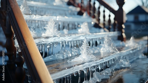 Dangerous icy conditions on a stairway and railing. photo