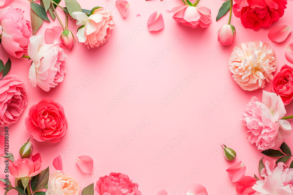Frame of roses, peonies and ranunculuses on a pastel pink background, copy space pring festive template for International Women's Day, Mother's Day, Valentine's Day, Birthday Frame of roses, peonies and ranunculuses on a pastel pink background, copy space pring festive template for International Women's Day, Mother's Day, Valentine's Day, Birthday