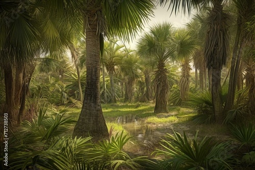 Illustration of lush Everglades palms in a tropical setting. Generative AI