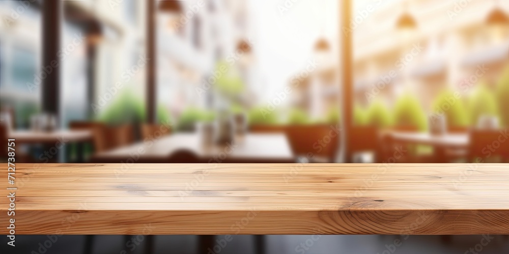 Blank wooden table top with blurred interior window background in a cafe. Suitable for advertising, presentations, and product montages.