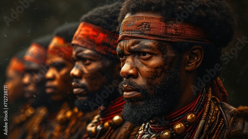 Portrait of a group of African men in the traditional costume of the Zulu tribe