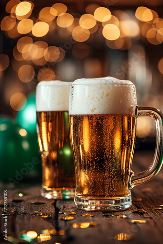 two pint of beer on a wooden table. Irish pub. in the background of green balloons and confetti. festive atmosphere of st patrick's day 