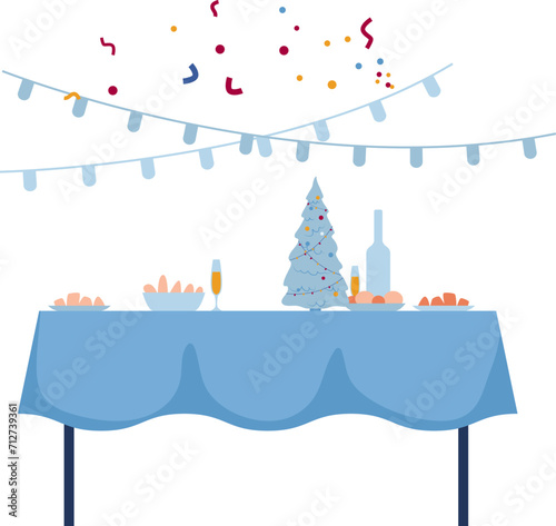 Festive holiday table setup with confetti. Christmas dinner table with tree, champagne, and bottles. Celebrating Christmas and New Year's Eve vector illustration.