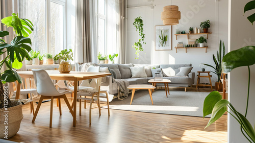 Stylish and botany interior of dining room with design craft wooden table. Generative Ai